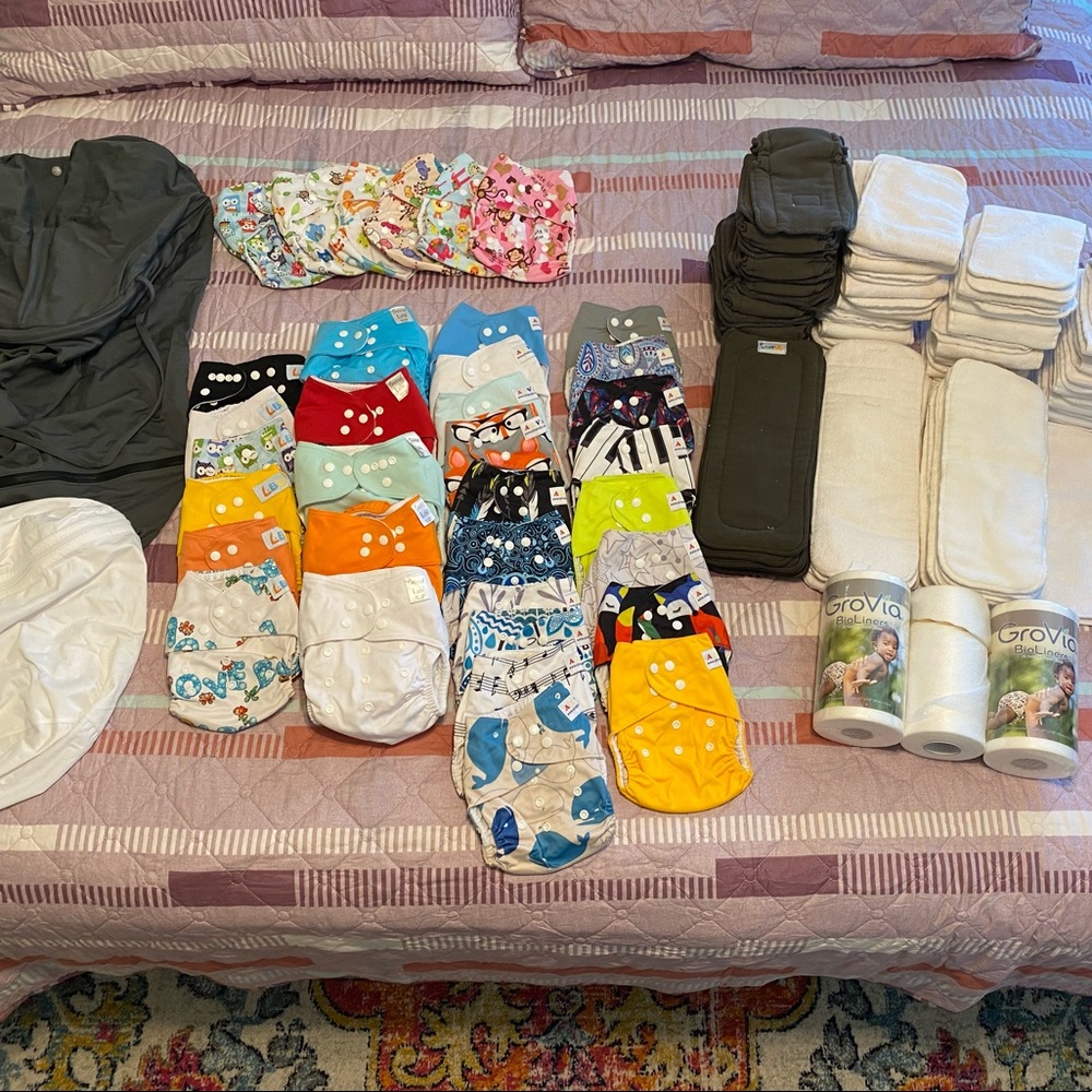 Reusable All in One Cloth Diaper Bundle of 35 diapers, 74 inserts and more